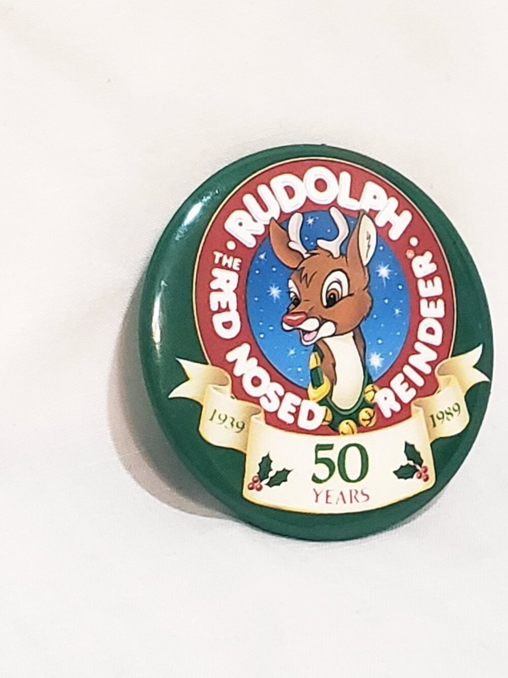 Rudolph the Red Nosed Reindeer Pin Button 1" Montgomery Wards 50-Year 1989